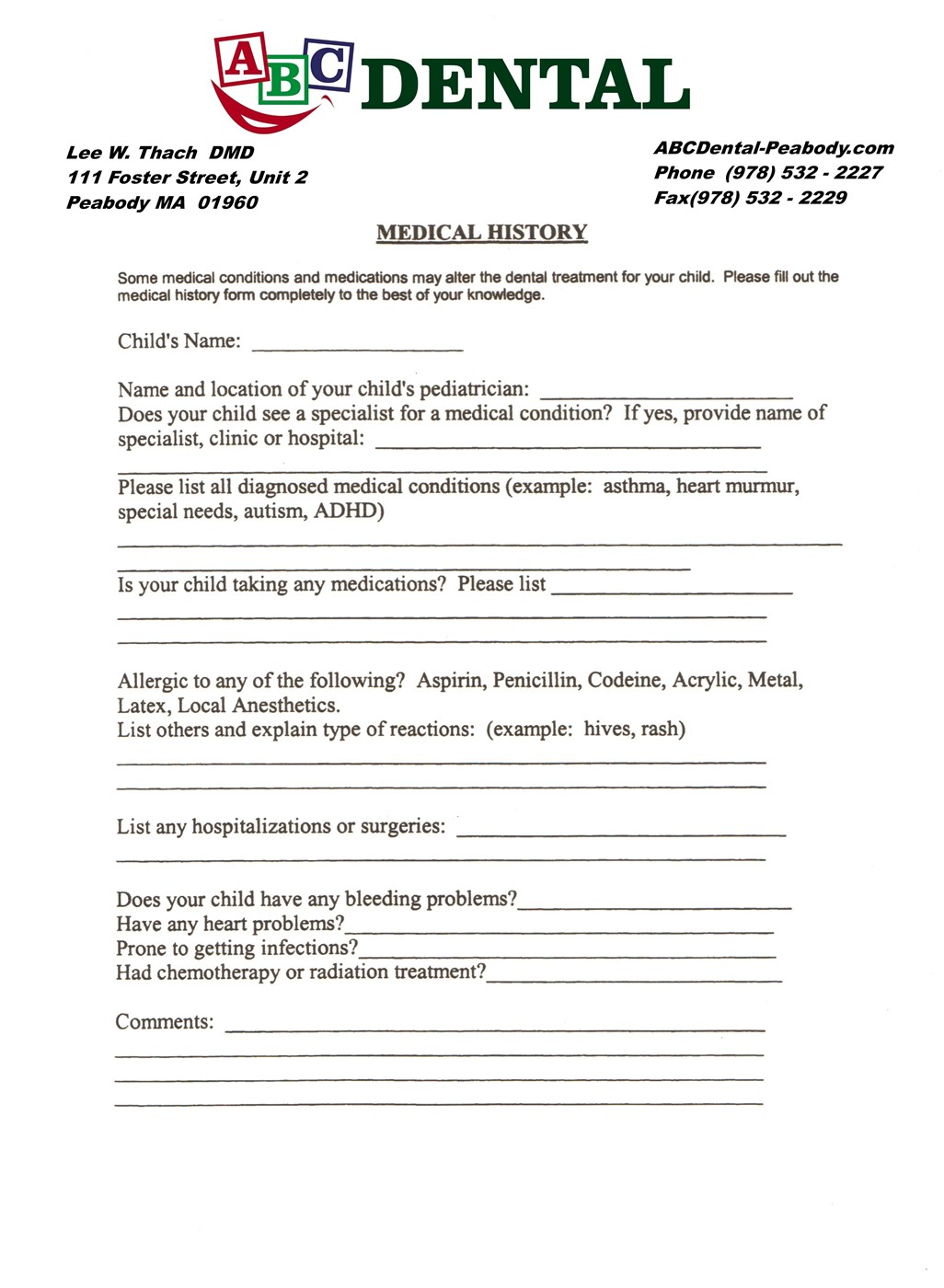 Pediatric Dental Forms ABC Dental Peabody